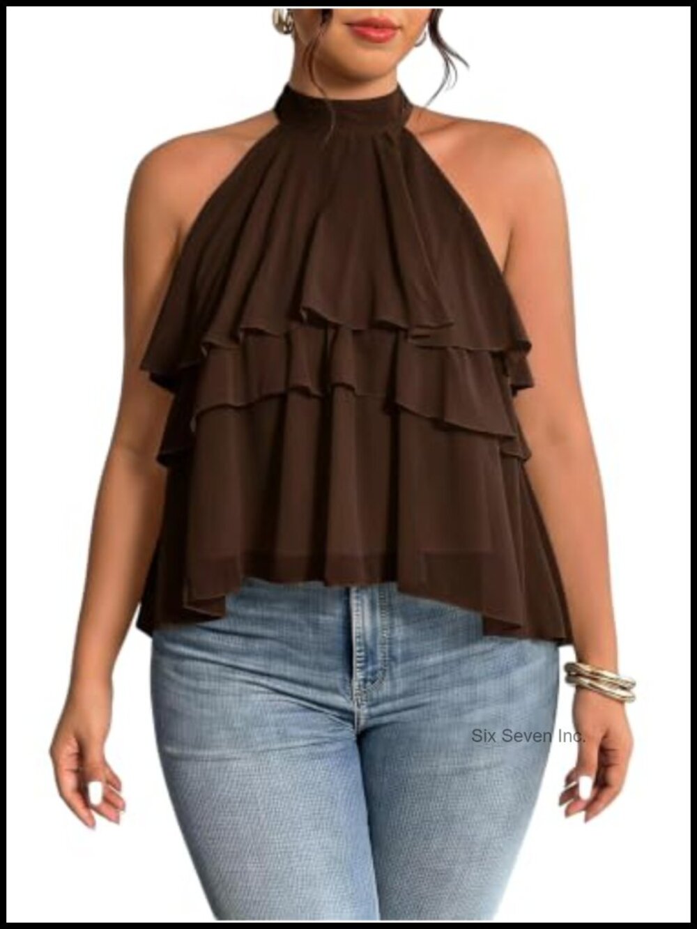 Plus Size Chiffon Peplum Halter Top Ruffle Sleeveless Blouse